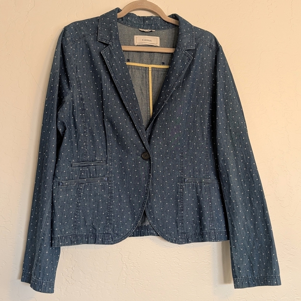 Chambray Denim Blue Cotton Polka Dot Blazer Business Casual Classic Spring